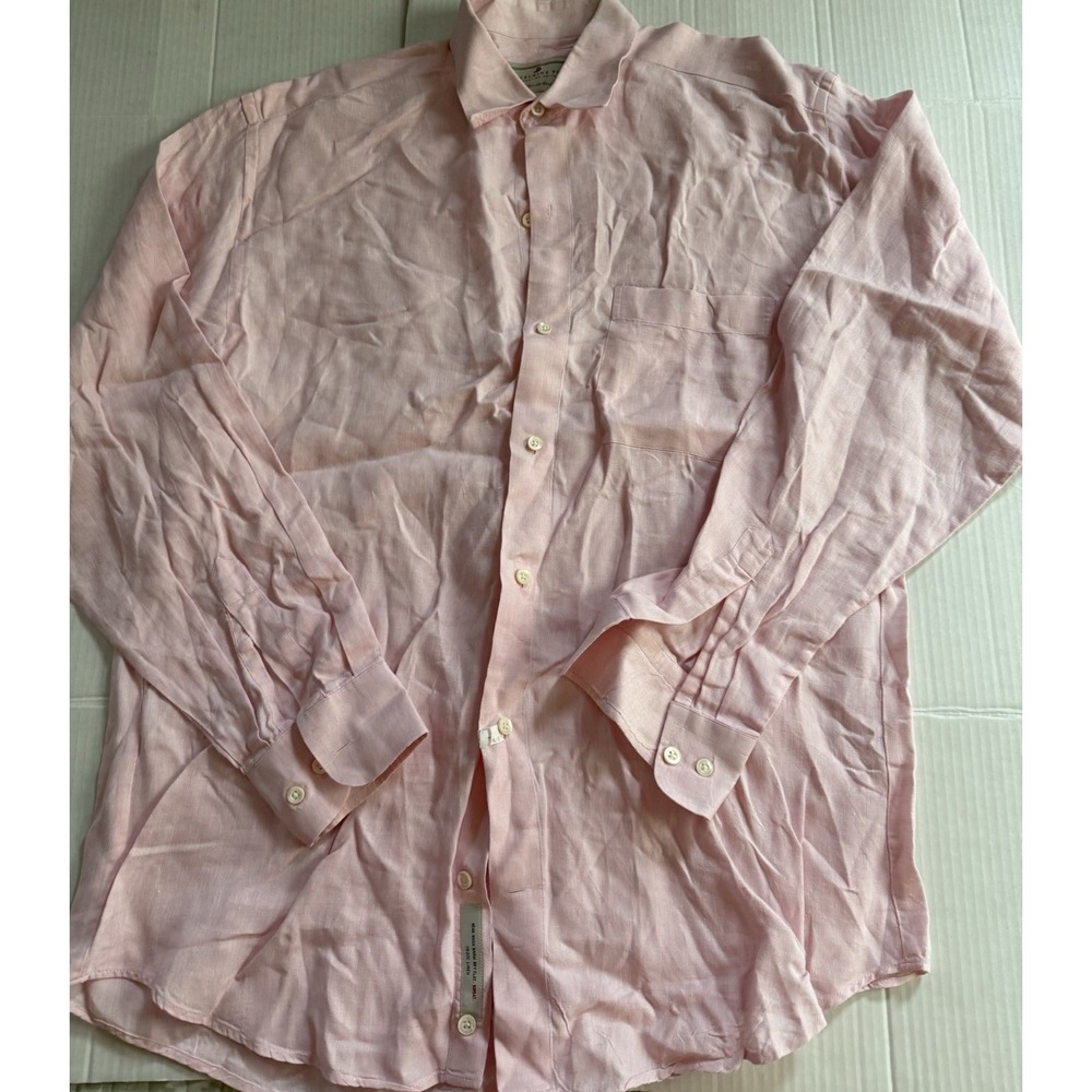 Madeleine Finn Men's Pink longsleeve button up shirt, 100% linen, size large EUC